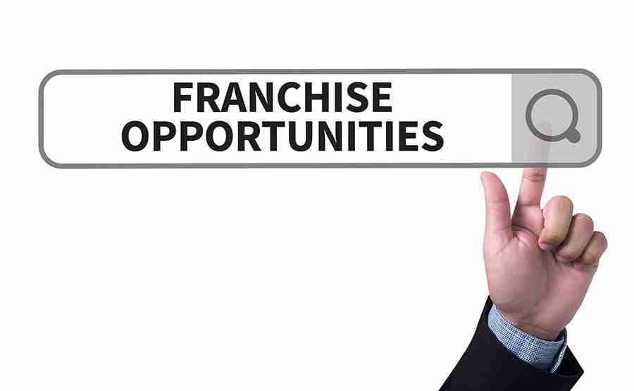 franchise opportunities in a search bar with hand pushing the search button