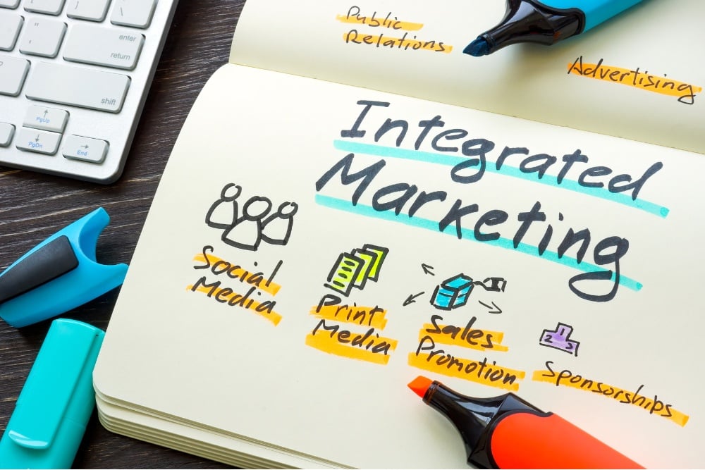 Note on a desk that says Integrated Marketing